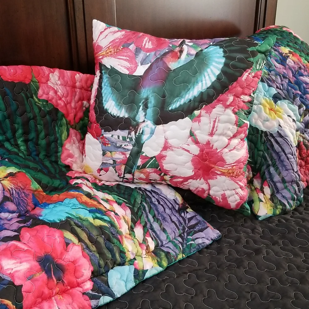 4pc Reversible Queen Quilt Bedspread Set Exotic Vibrant Floral New